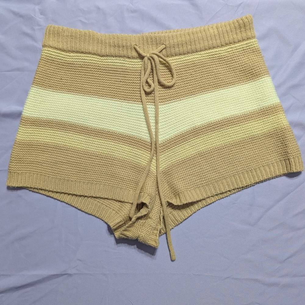 Lulus Tan Cream Striped Knit Drawstring Lounge Shorts Size Medium